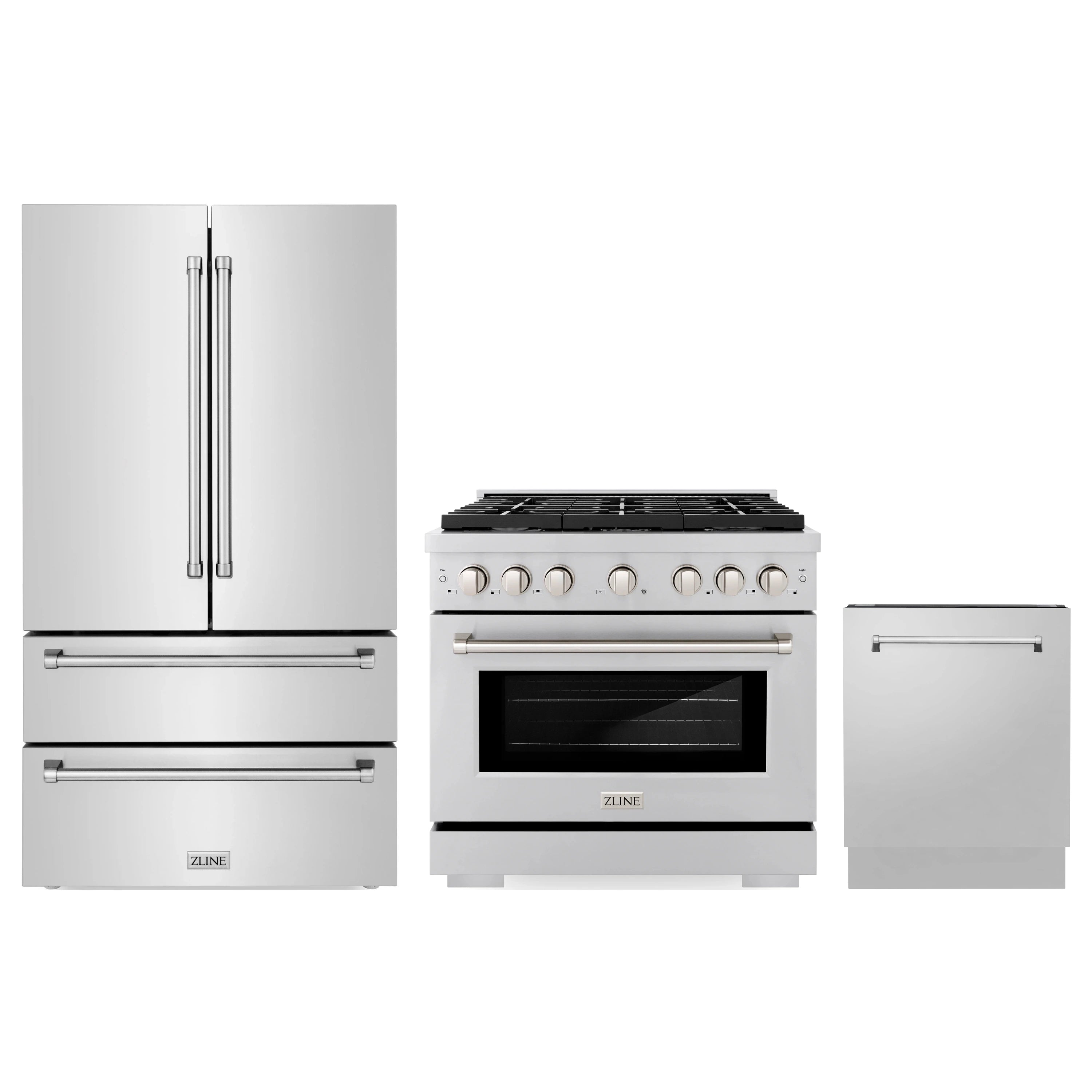Stainless steel 3-piece appliance package with refrigerator, range and dishwasher