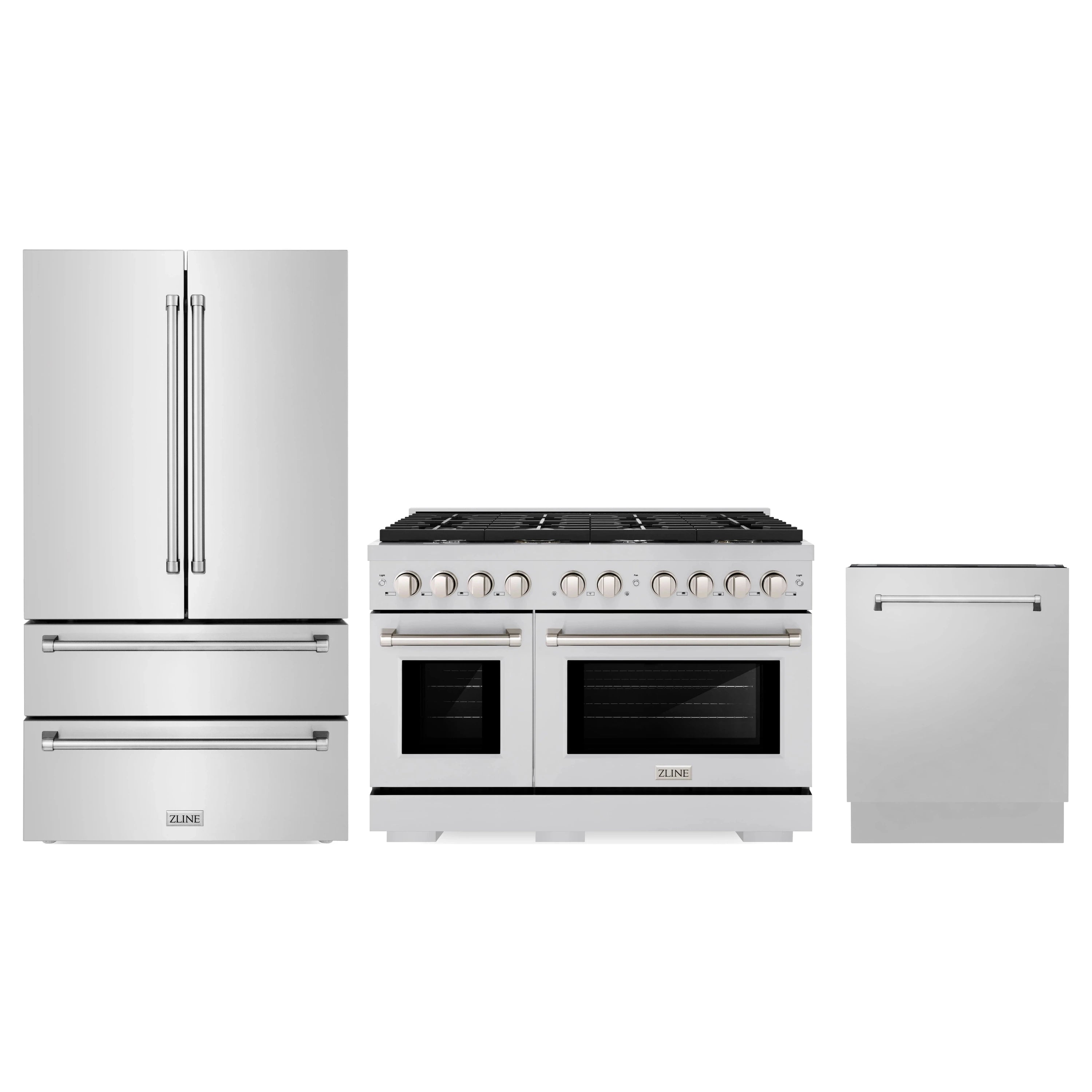 French door refrigerator, dual fuel range, and dishwasher set in stainless