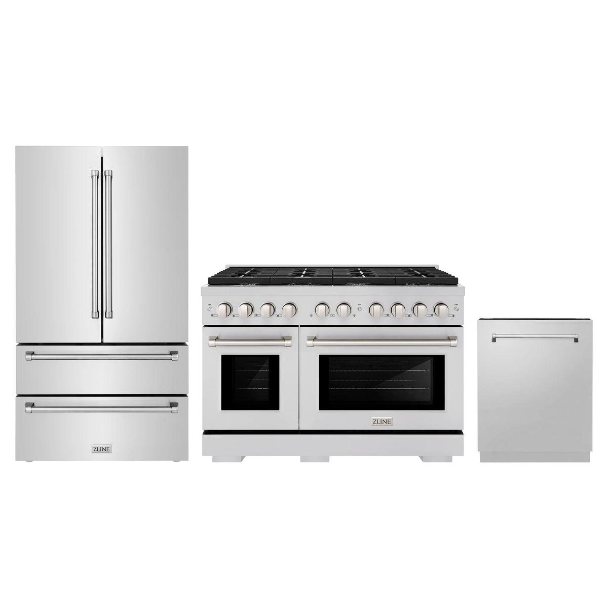 ZLINE 3-Piece Appliance Package - 48-Inch Paramount Dual Fuel Range, 36-Inch French Door Refrigerator, Dishwasher, in Stainless Steel