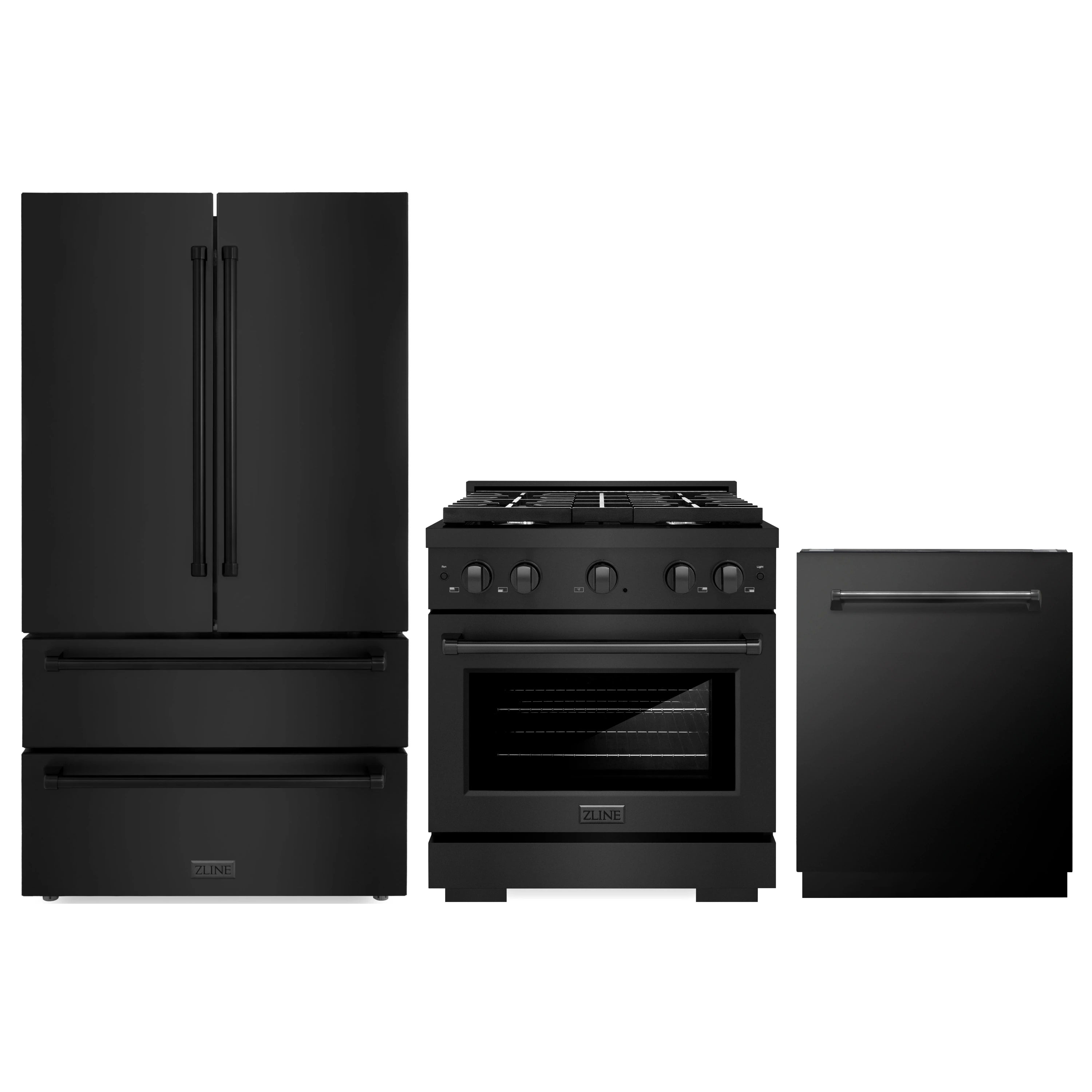 Black stainless kitchen appliance trio: refrigerator, range, and dishwasher