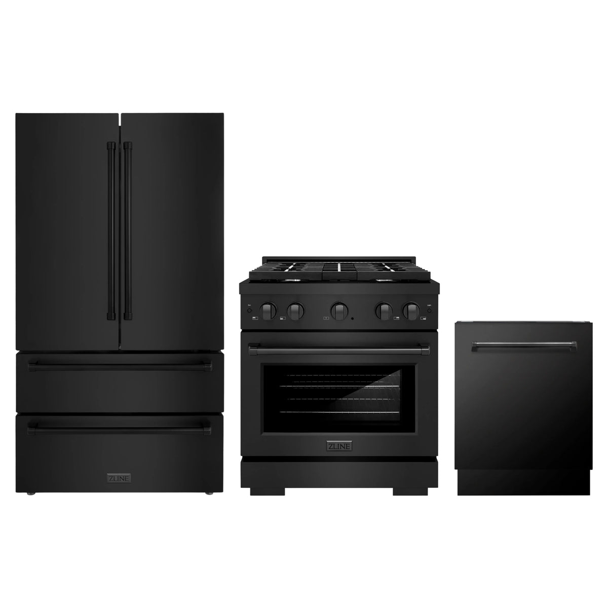 ZLINE 3-Piece Appliance Package - 30-Inch Paramount Dual Fuel Range, 36-Inch French Door Refrigerator, Dishwasher, in Black Stainless Steel