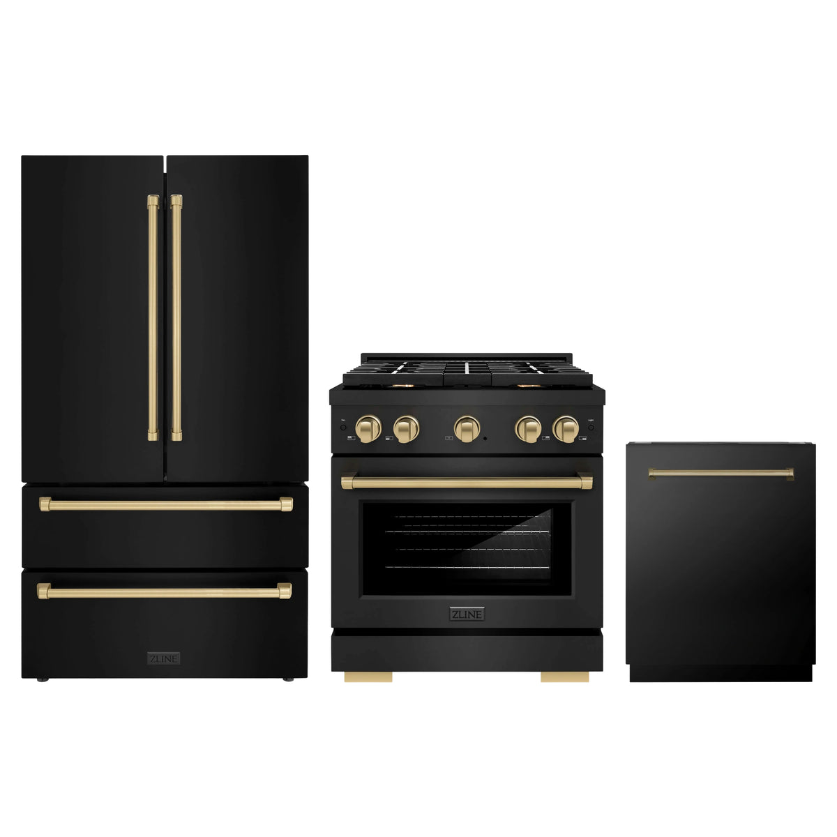ZLINE 3-Piece Appliance Package - 30-Inch Paramount Dual Fuel Range, 36-Inch French Door Refrigerator, Dishwasher, in Black Stainless Steel with Champagne Bronze Accents