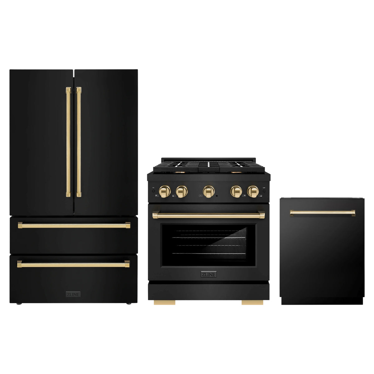ZLINE 3-Piece Appliance Package - 30-Inch Paramount Dual Fuel Range, 36-Inch French Door Refrigerator, Dishwasher, in Black Stainless Steel with Gold Accents