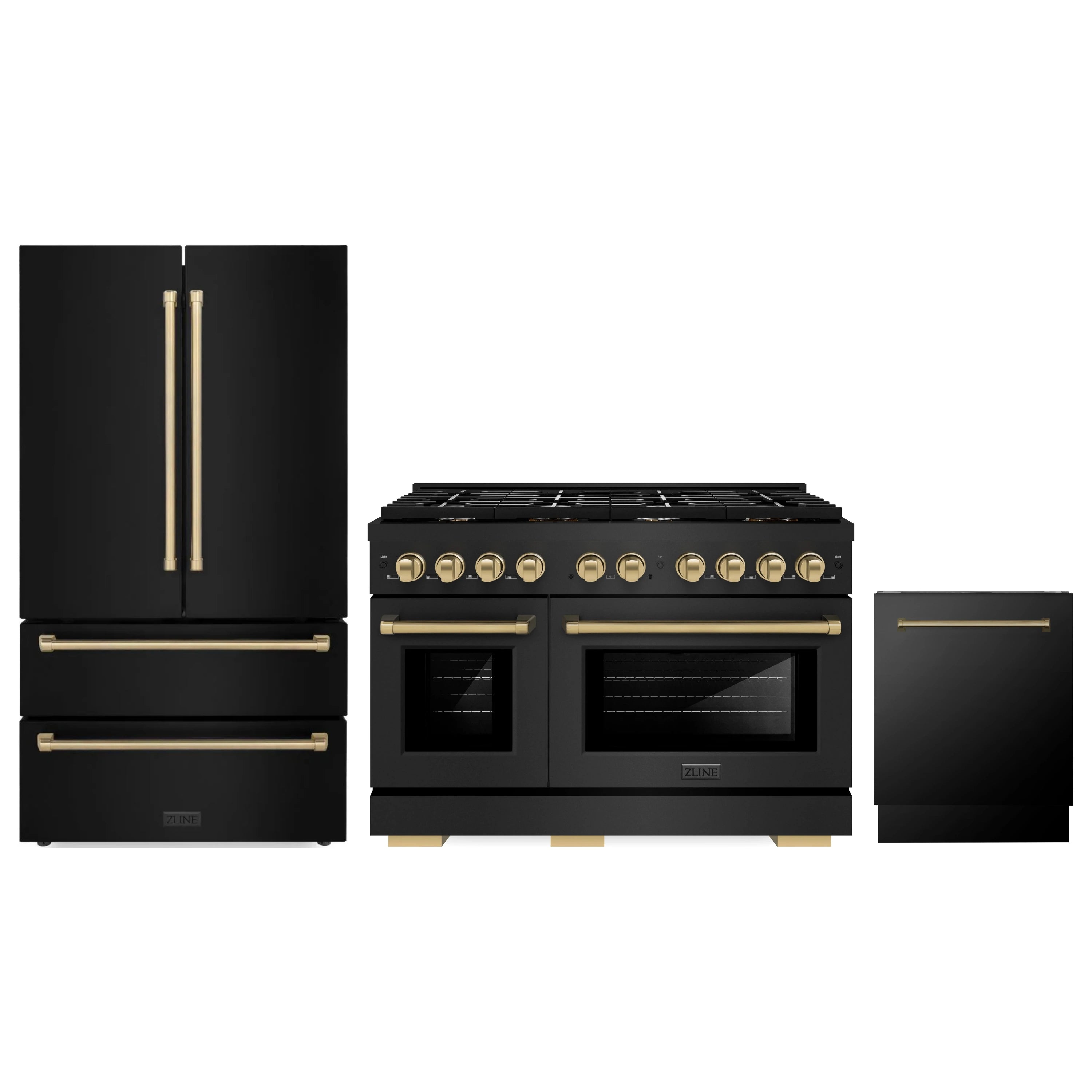 Three-piece appliance set: black range, French-door refrigerator, and dishwasher
