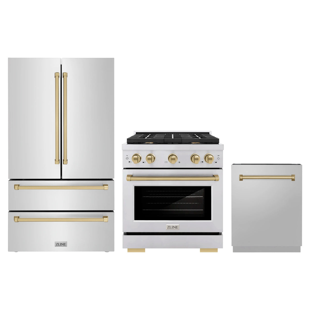 ZLINE 3-Piece Appliance Package - 30-Inch Paramount Autograph Dual Fuel Range, 36-Inch French Door Refrigerator, Dishwasher, in Stainless Steel with Champagne Bronze Accents