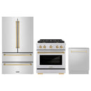 ZLINE 3-Piece Appliance Package - 30-Inch Paramount Autograph Dual Fuel Range, 36-Inch French Door Refrigerator, Dishwasher, in Stainless Steel with Gold Accents