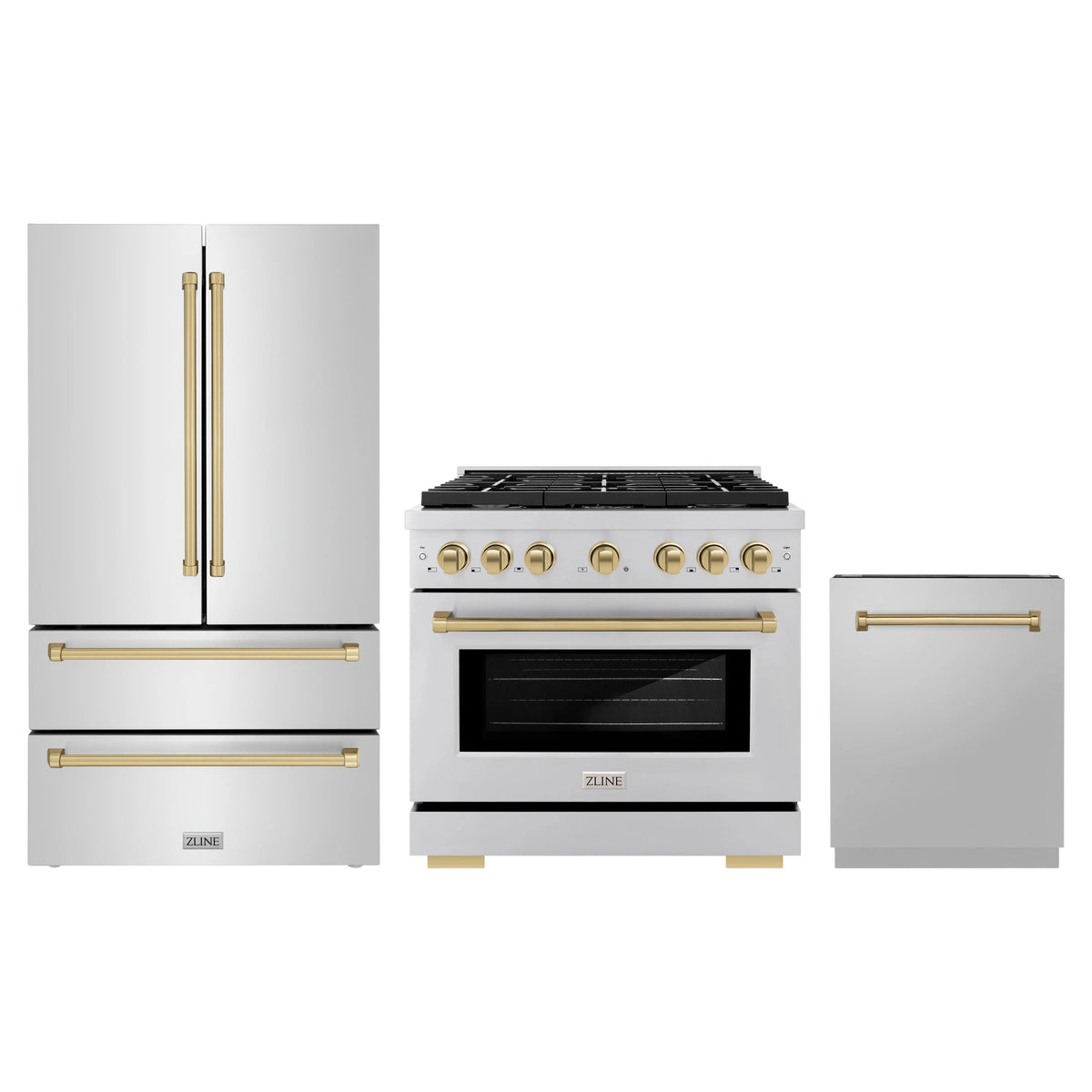 ZLINE 3-Piece Appliance Package - 36-Inch Paramount Autograph Dual Fuel Range, 36-Inch French Door Refrigerator, Dishwasher, in Stainless Steel with Champagne Bronze Accents