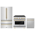 ZLINE 3-Piece Appliance Package - 36-Inch Paramount Autograph Dual Fuel Range, 36-Inch French Door Refrigerator, Dishwasher, in Stainless Steel with Champagne Bronze Accents