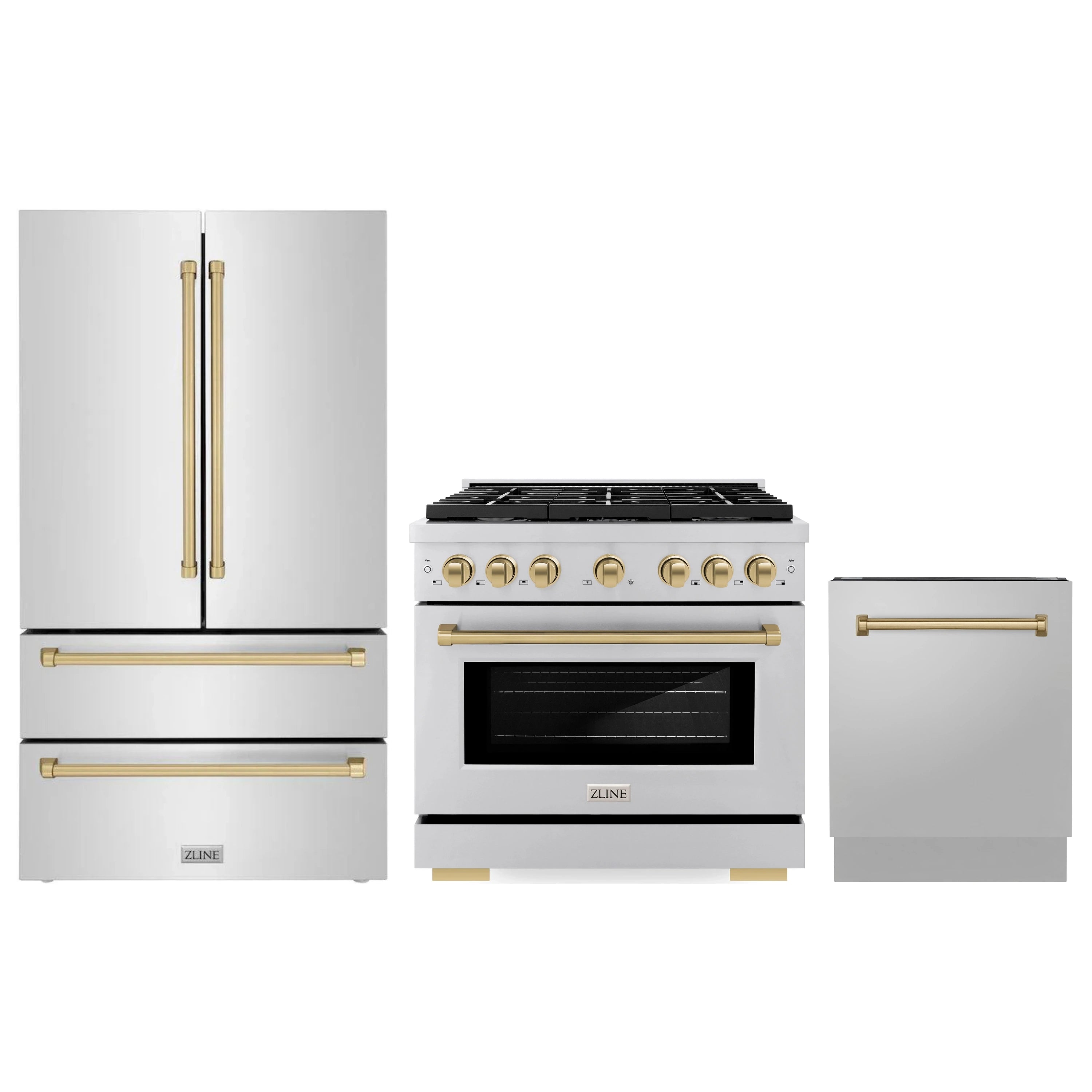 Stainless steel appliance package with champagne bronze handles: refrigerator, range, dishwasher