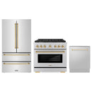 ZLINE 3-Piece Appliance Package - 36-Inch Paramount Autograph Dual Fuel Range, 36-Inch French Door Refrigerator, Dishwasher, in Stainless Steel with Gold Accents