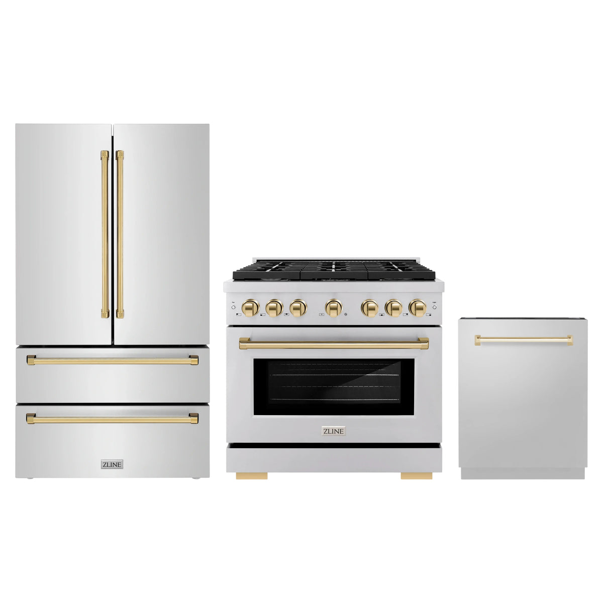 ZLINE 3-Piece Appliance Package - 36-Inch Paramount Autograph Dual Fuel Range, 36-Inch French Door Refrigerator, Dishwasher, in Stainless Steel with Gold Accents