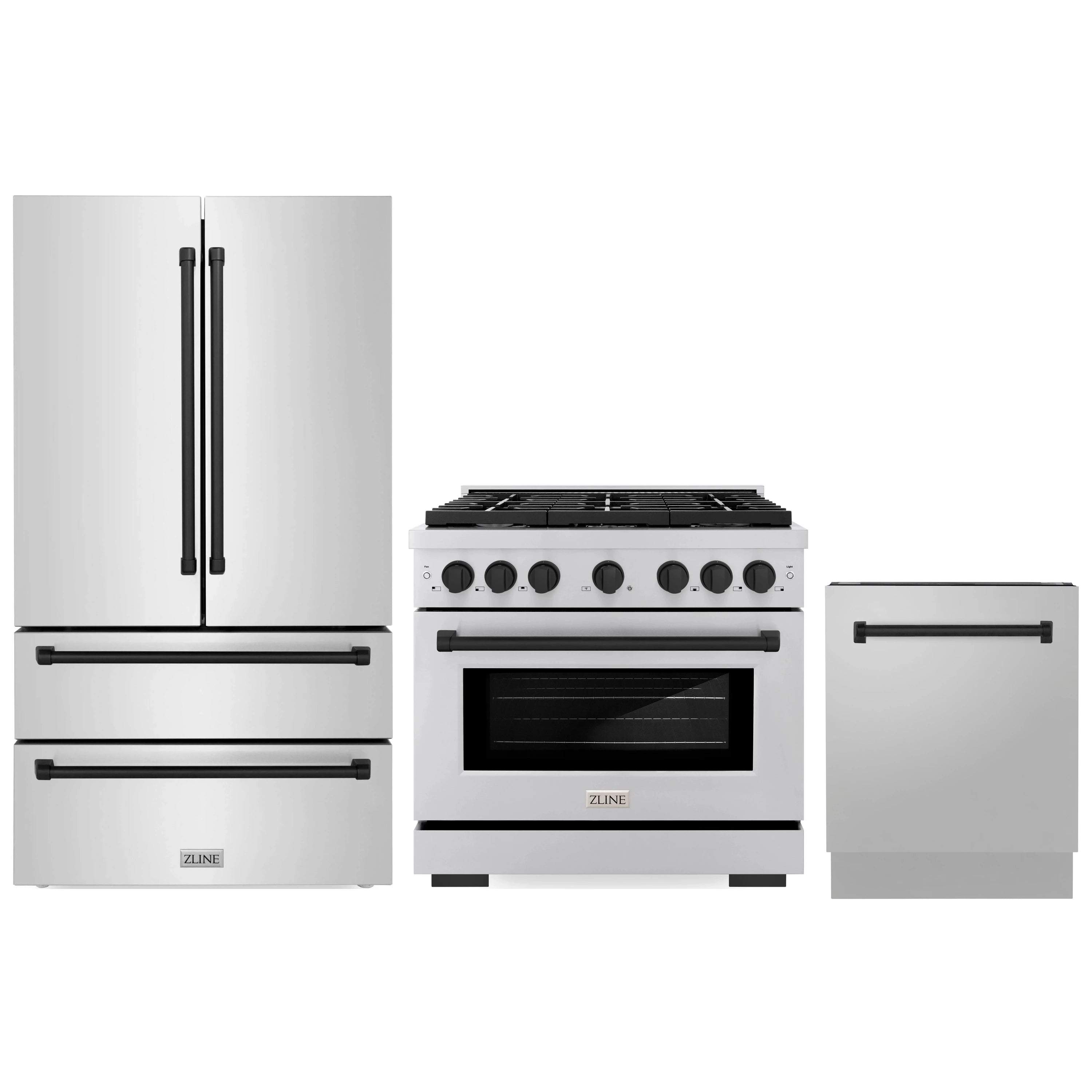 3-piece kitchen appliance set: refrigerator, range, and dishwasher in stainless steel.