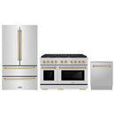 ZLINE 3-Piece Appliance Package - 48-Inch Paramount Autograph Dual Fuel Range, 36-Inch French Door Refrigerator, Dishwasher, in Stainless Steel with Champagne Bronze Accents