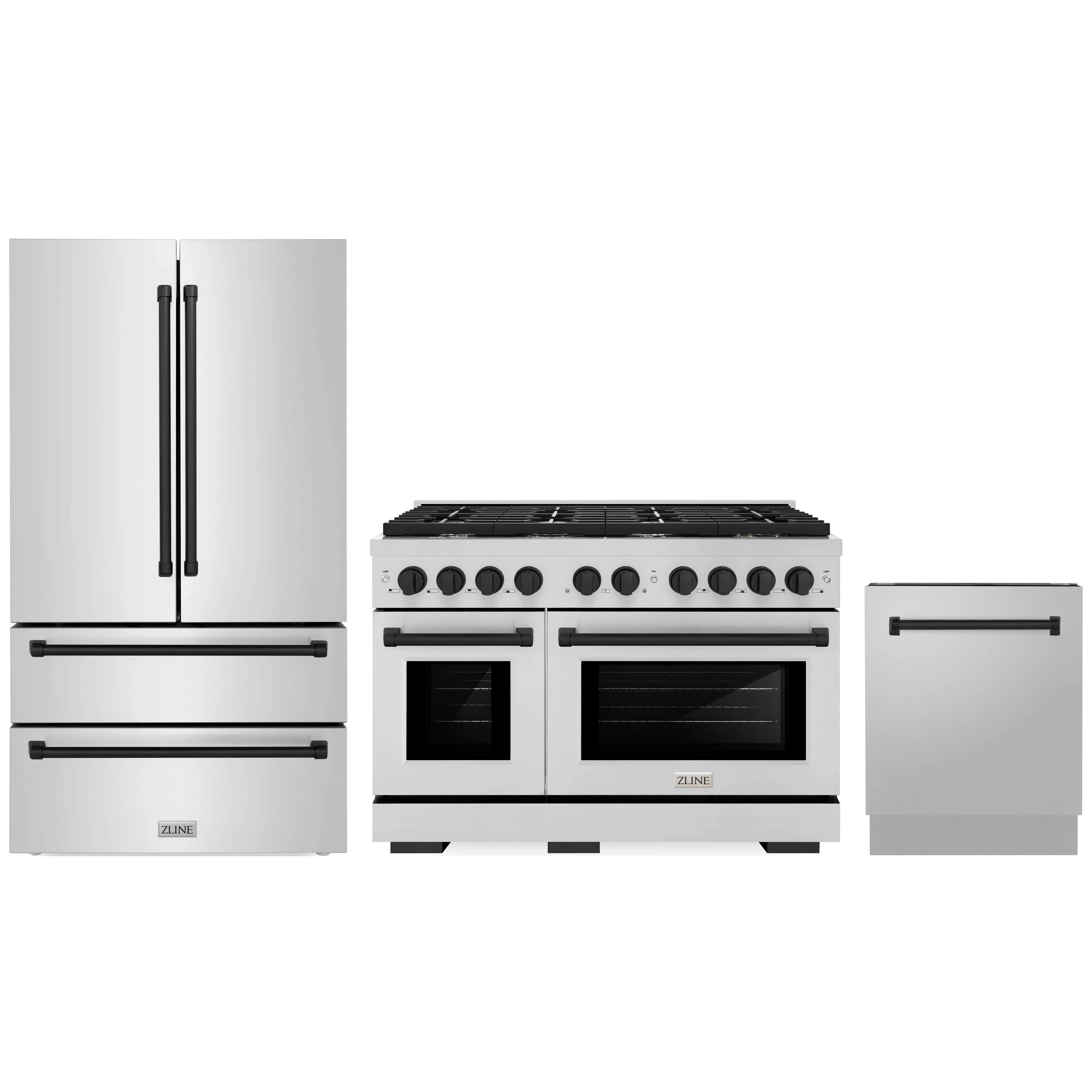 Stainless steel appliance package with matte black accents: refrigerator, range, dishwasher