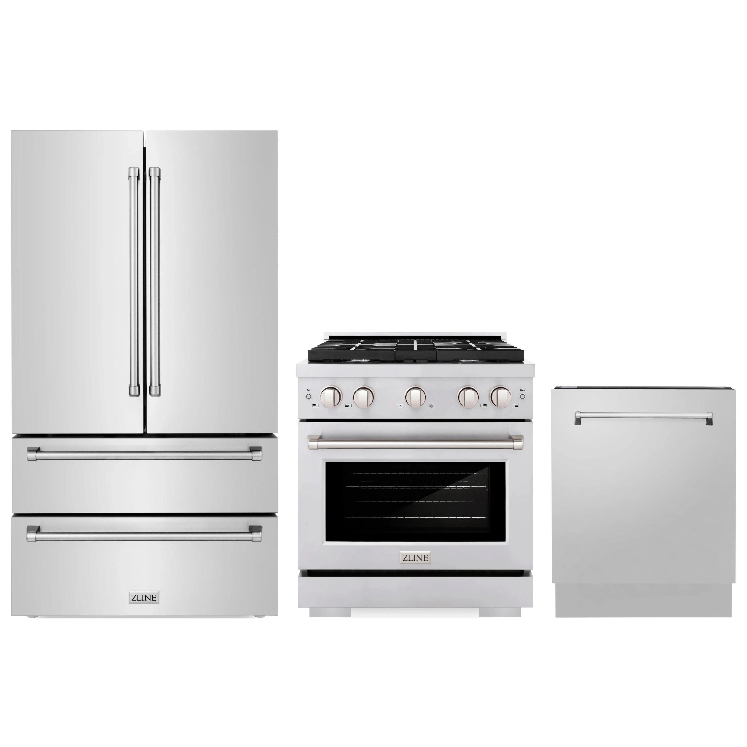 Stainless steel 3-piece appliance set: French-door refrigerator, gas range, dishwasher