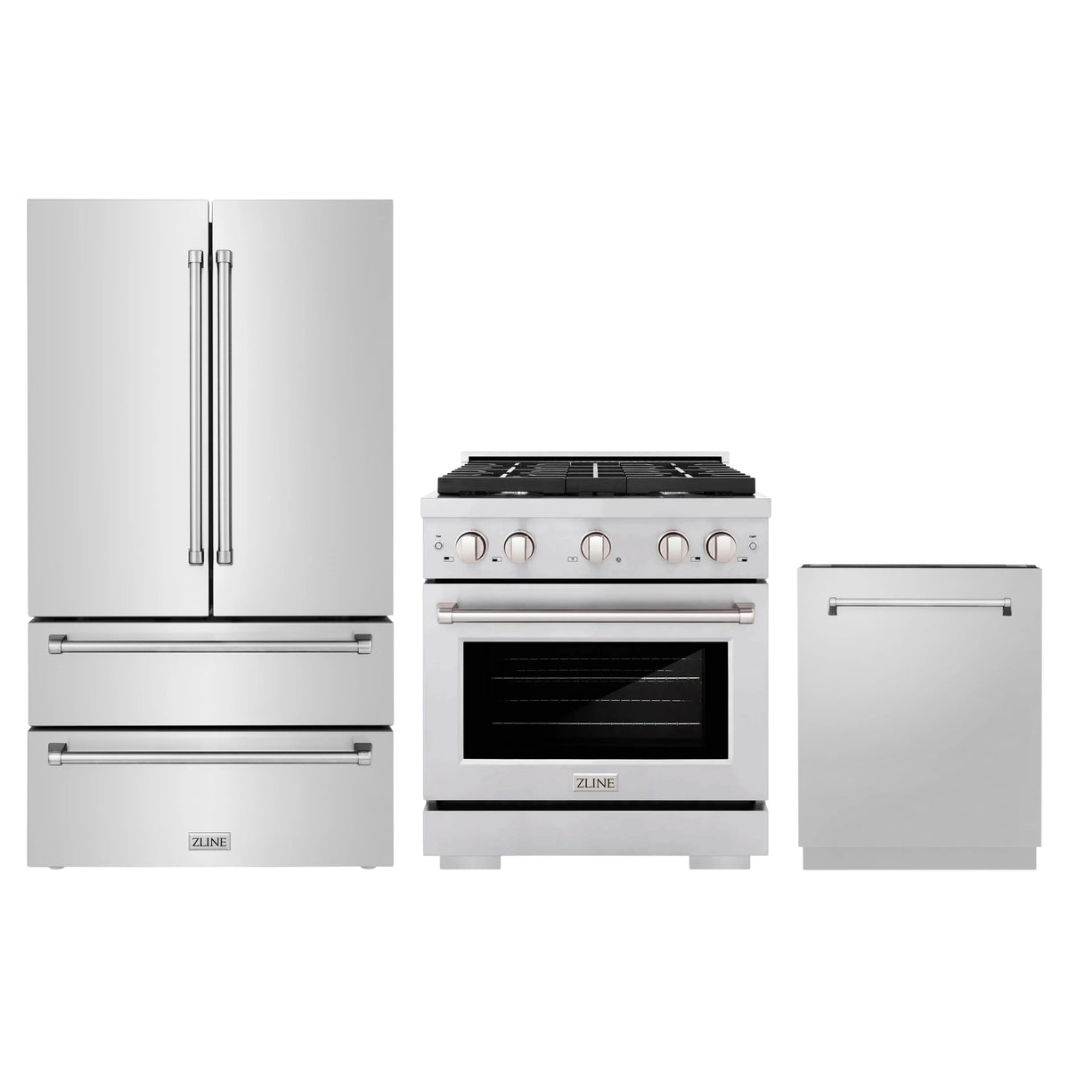 ZLINE 3-Piece Appliance Package - 30-Inch Paramount Gas Range, 36-Inch French Door Refrigerator, Dishwasher, in Stainless Steel