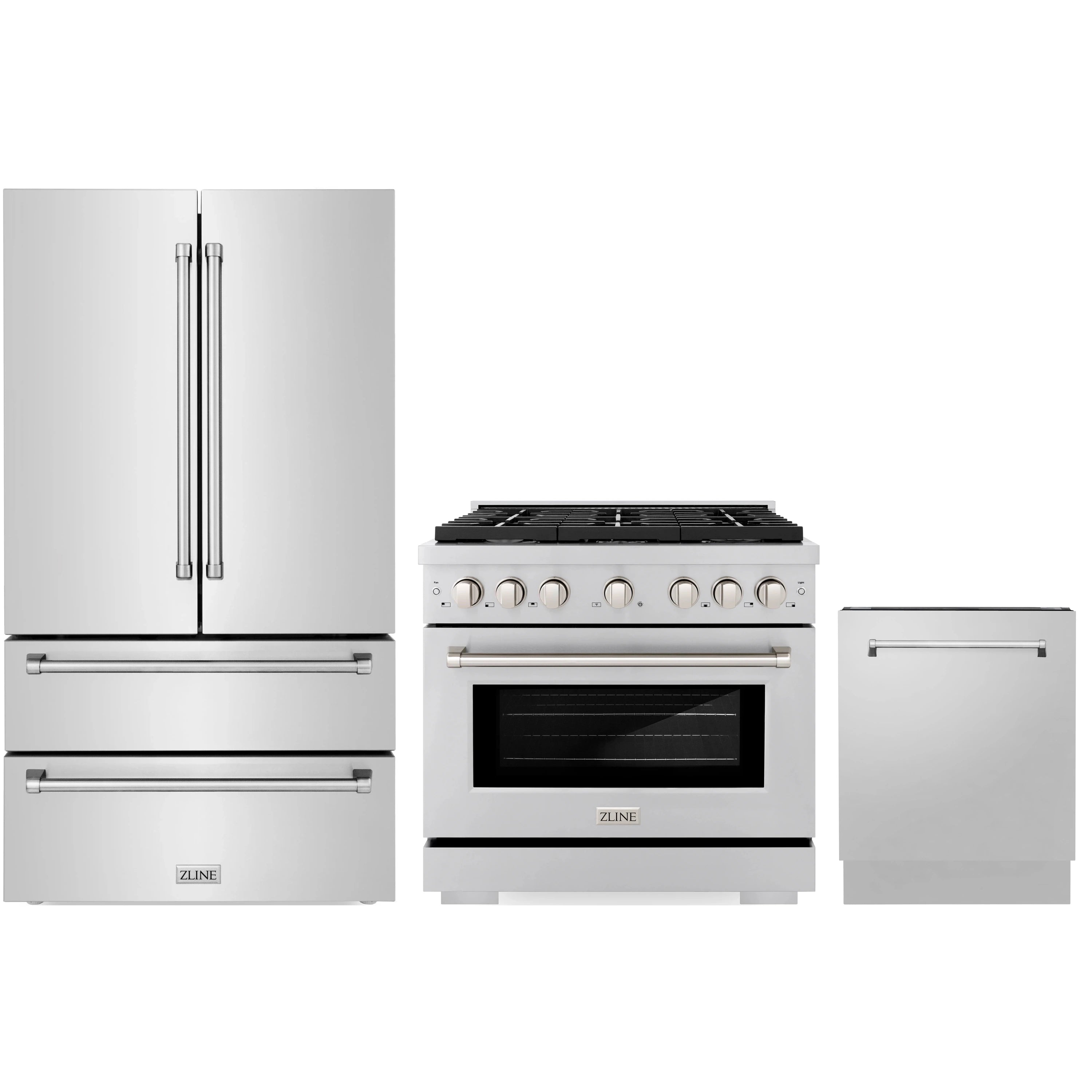 Stainless steel kitchen appliance set with refrigerator, range, and dishwasher