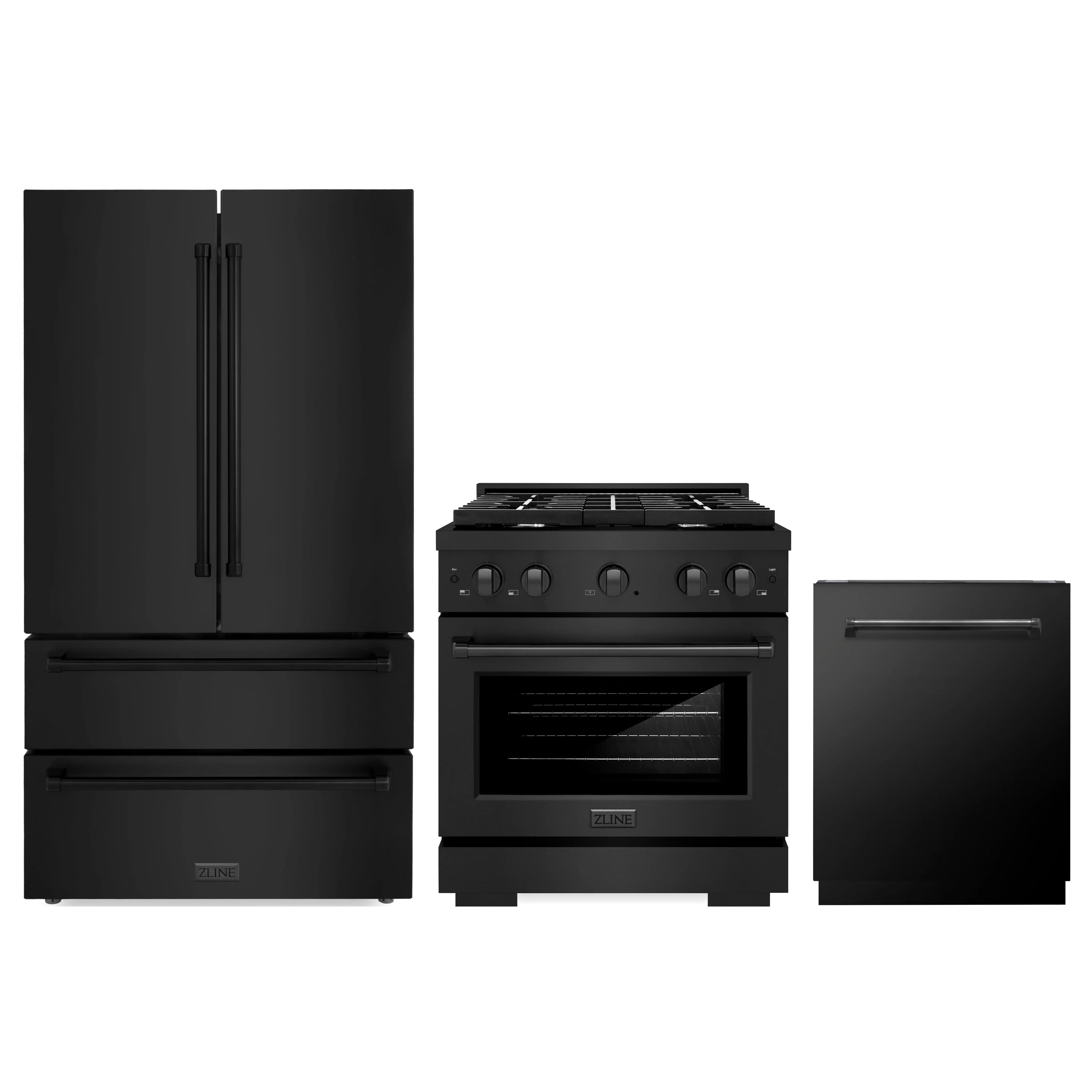 Black stainless steel appliance set with refrigerator, range, and dishwasher