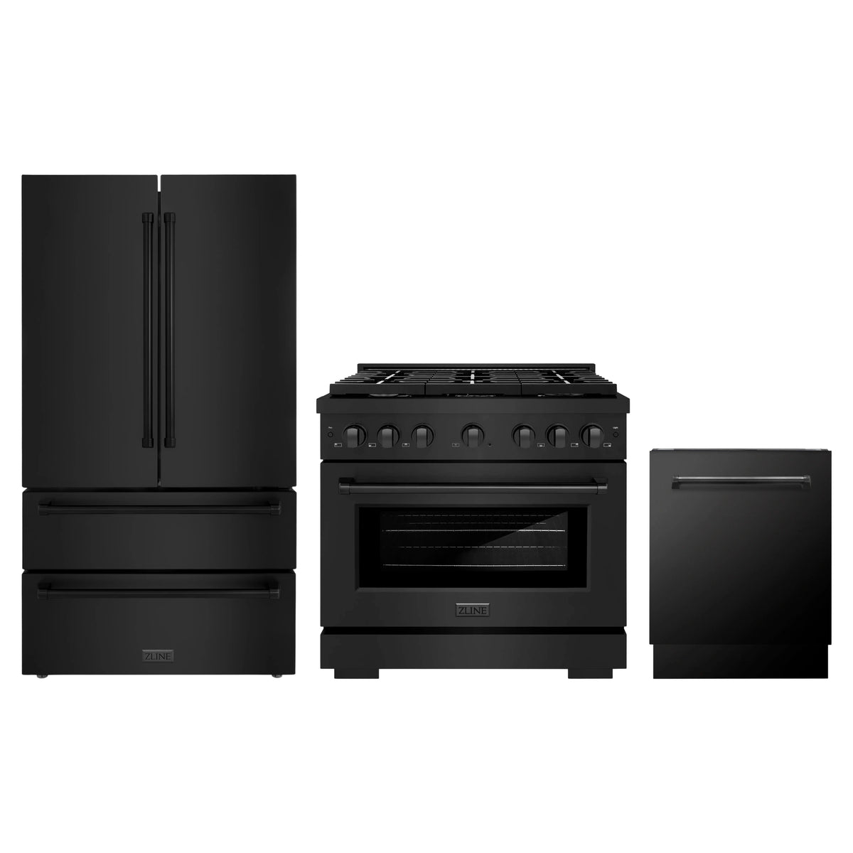 ZLINE 3-Piece Appliance Package - 36-Inch Paramount Gas Range, 36-Inch French Door Refrigerator, Dishwasher, in Black Stainless Steel