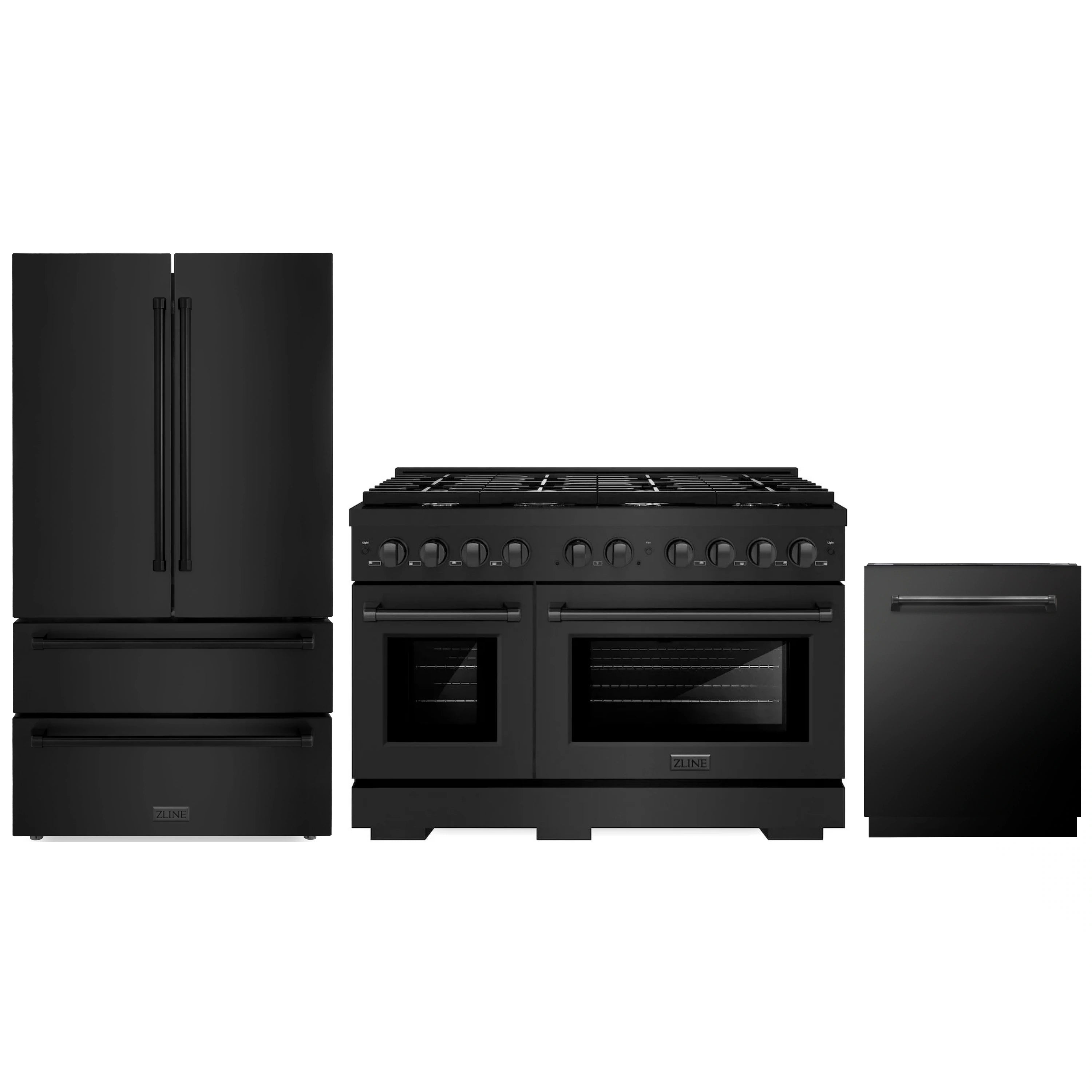 Black stainless three-piece kitchen appliance set with range, refrigerator, and dishwasher