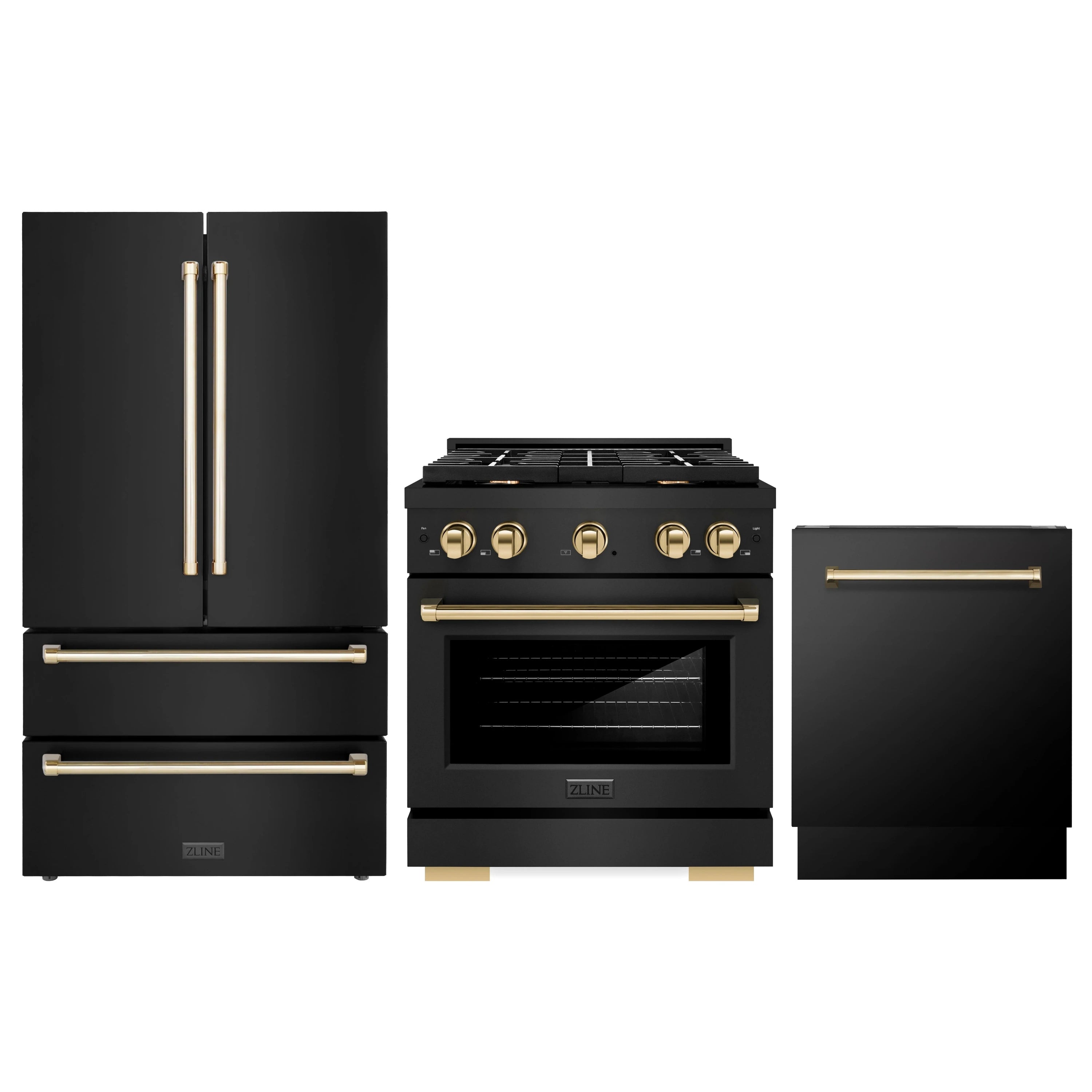 Black stainless appliance package with gold accents: refrigerator, gas range, and dishwasher