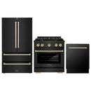 ZLINE 3-Piece Appliance Package - 30-Inch Paramount Gas Range, 36-Inch French Door Refrigerator, Dishwasher, in Black Stainless Steel with Gold Accents