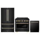 ZLINE 3-Piece Appliance Package - 36-Inch Paramount Gas Range, 36-Inch French Door Refrigerator, Dishwasher, in Black Stainless Steel with Gold Accents