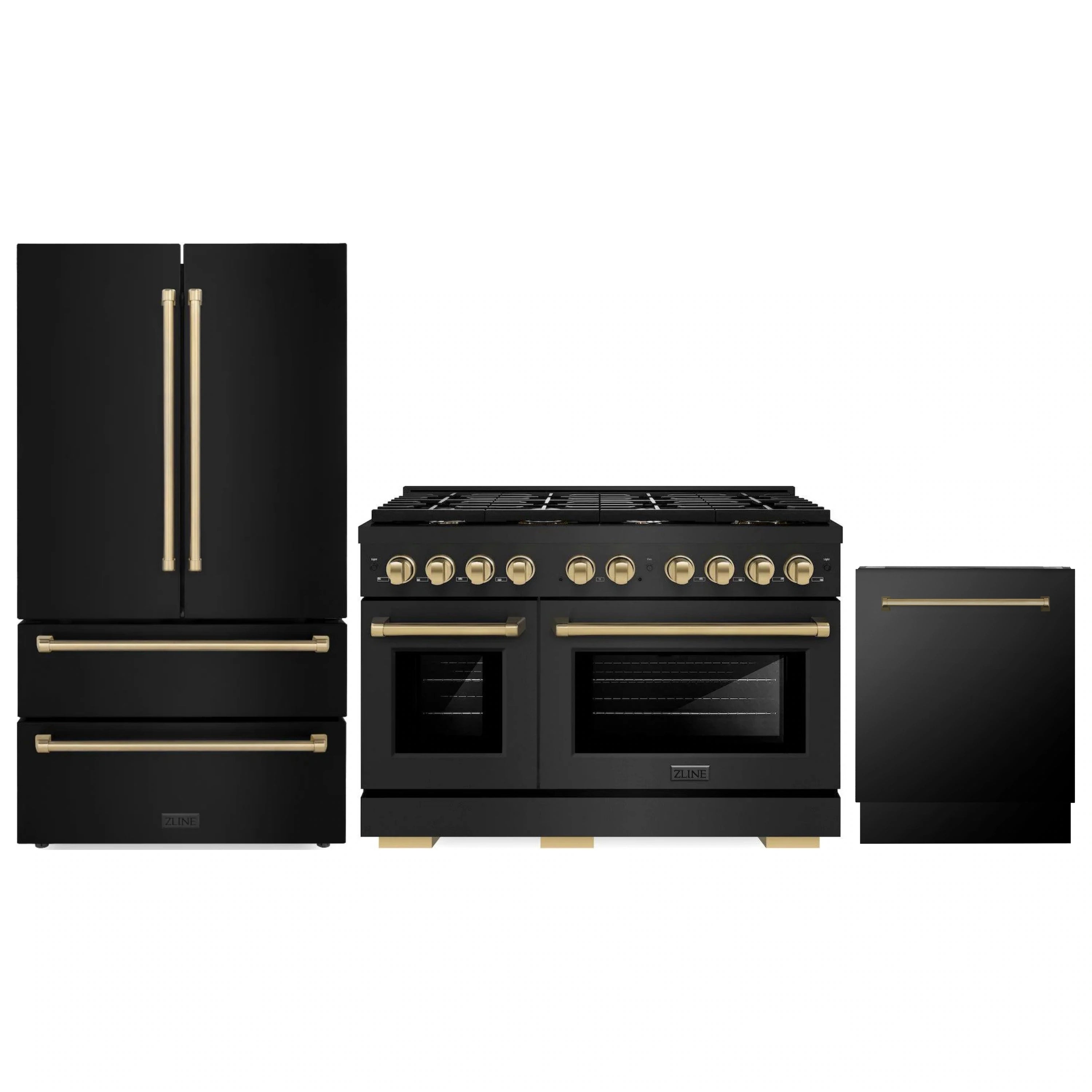 Black stainless steel appliance package with gas range, dishwasher, and refrigerator