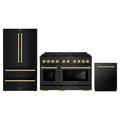 ZLINE 3-Piece Appliance Package - 48-Inch Paramount Gas Range, 36-Inch French Door Refrigerator, Dishwasher, in Black Stainless Steel with Gold Accents