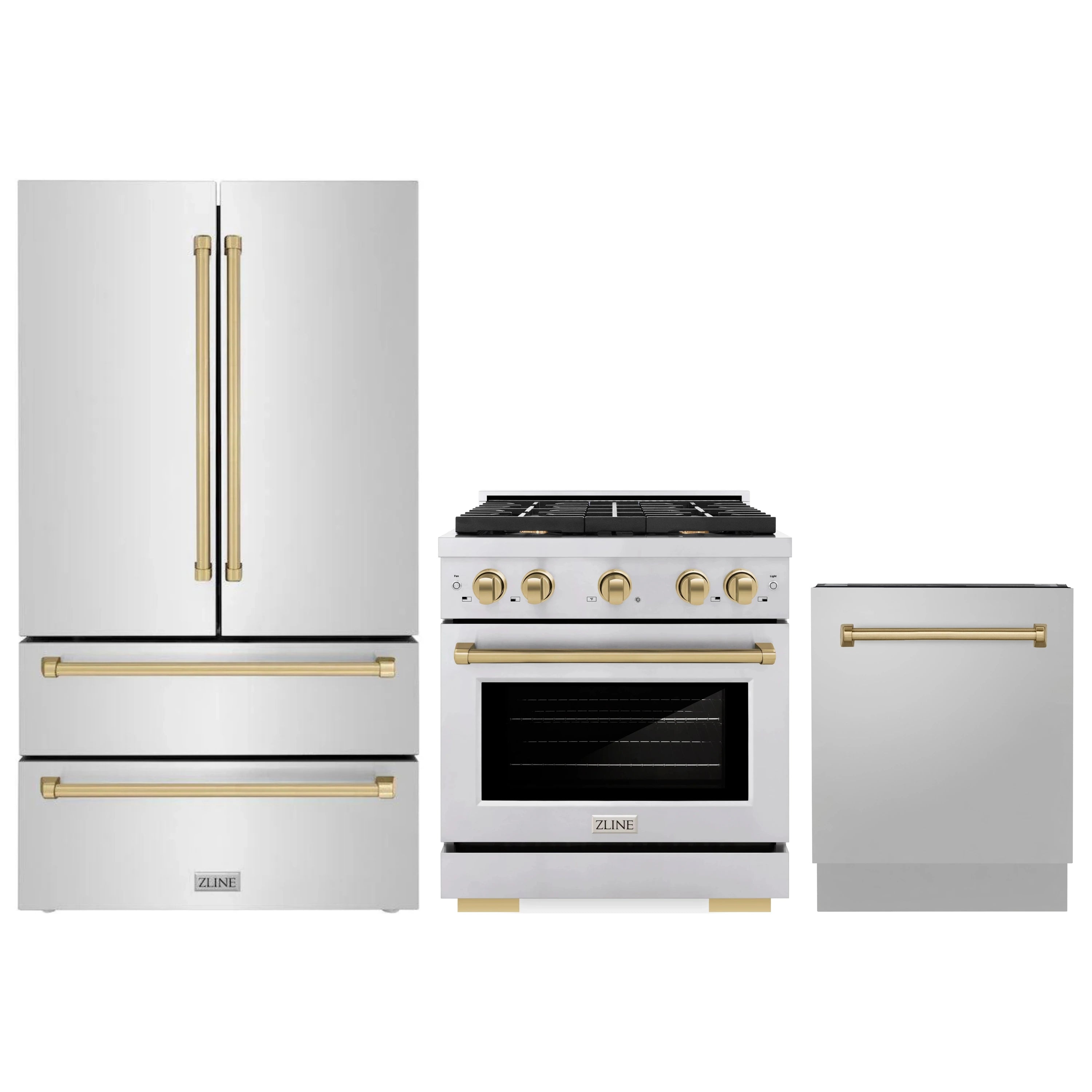 Stainless steel gas range with champagne bronze accents and matching side refrigerator