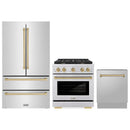 ZLINE 3-Piece Appliance Package - 30-Inch Paramount Autograph Gas Range, 36-Inch French Door Refrigerator, Dishwasher, in Stainless Steel with Champagne Bronze Accents