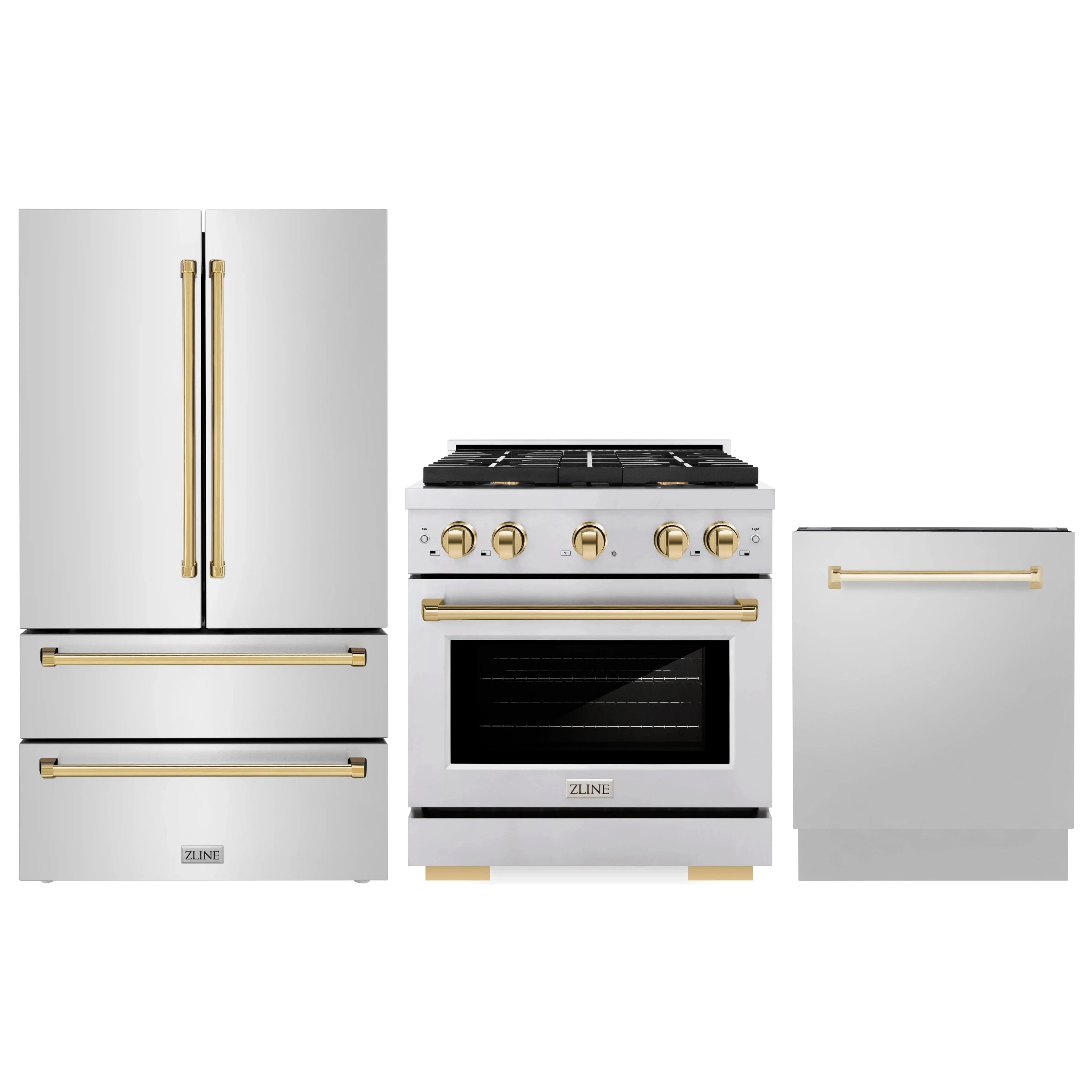 Stainless steel gas range with gold accents beside French door refrigerator and dishwasher