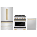 ZLINE 3-Piece Appliance Package - 30-Inch Paramount Autograph Gas Range, 36-Inch French Door Refrigerator, Dishwasher, in Stainless Steel with Gold Accents