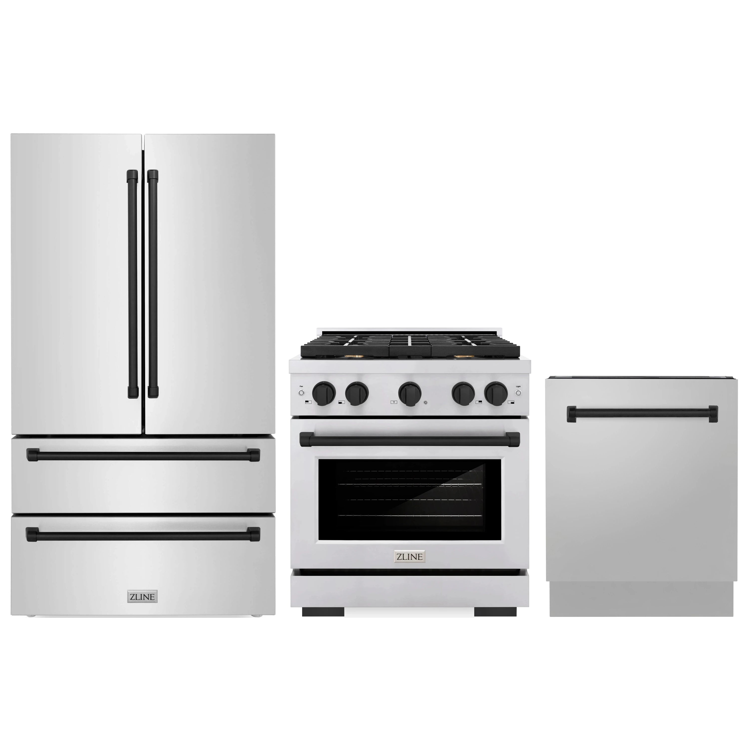 Stainless steel refrigerator, gas range, and dishwasher with matte black accents