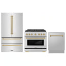 ZLINE 3-Piece Appliance Package - 36-Inch Paramount Autograph Gas Range, 36-Inch French Door Refrigerator, Dishwasher, in Stainless Steel with Champagne Bronze Accents