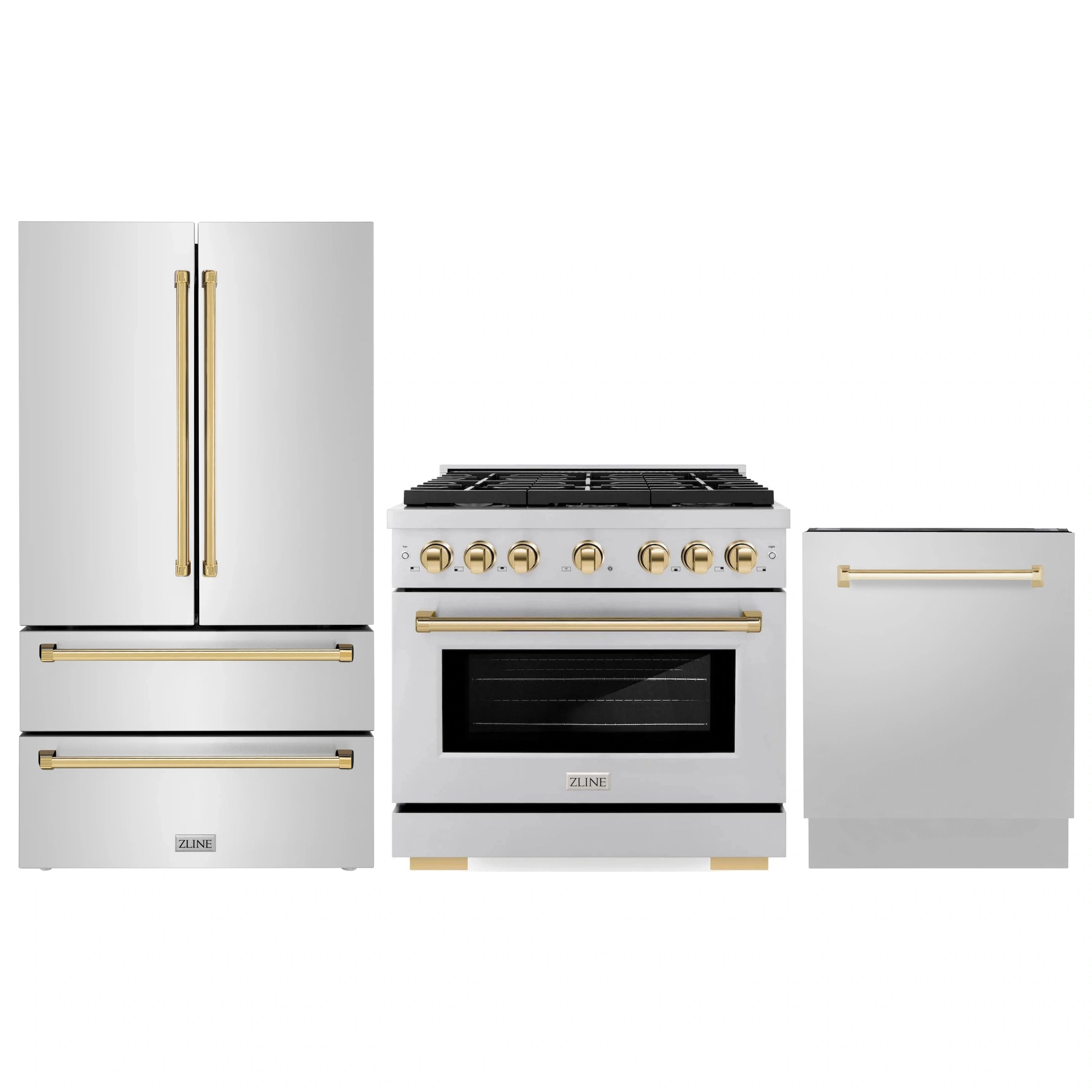Stainless steel appliance package with gold-accent gas range, French-door refrigerator, dishwasher