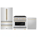 ZLINE 3-Piece Appliance Package - 36-Inch Paramount Autograph Gas Range, 36-Inch French Door Refrigerator, Dishwasher, in Stainless Steel with Gold Accents