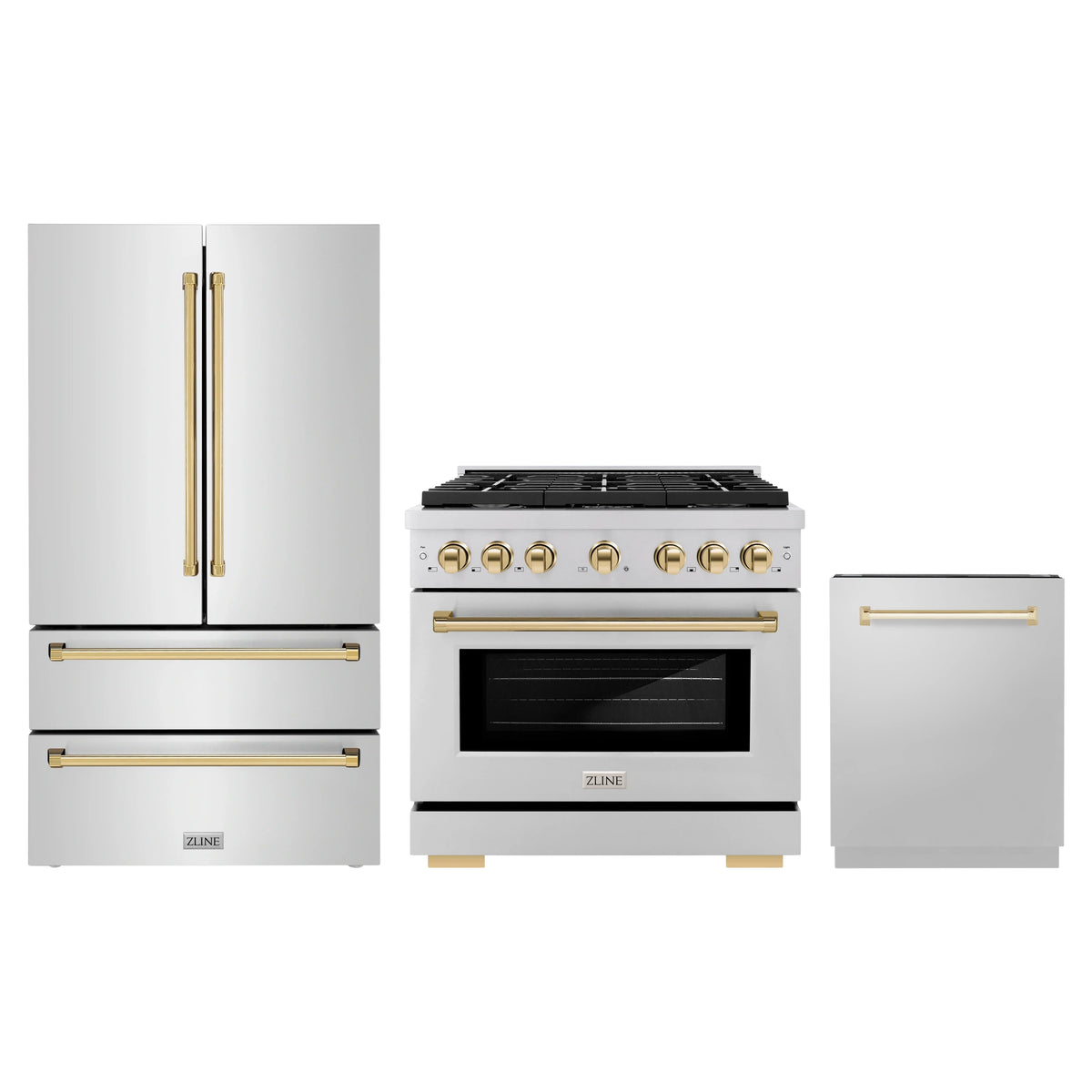 ZLINE 3-Piece Appliance Package - 36-Inch Paramount Autograph Gas Range, 36-Inch French Door Refrigerator, Dishwasher, in Stainless Steel with Gold Accents