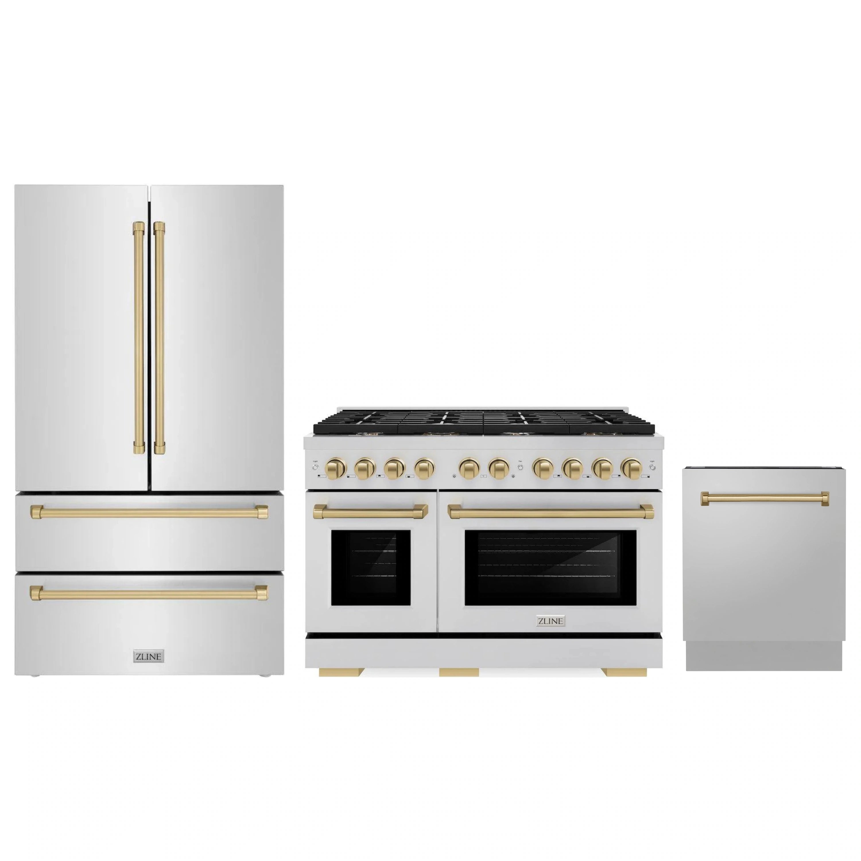 Stainless steel appliance package with French door refrigerator, gas range, and dishwasher