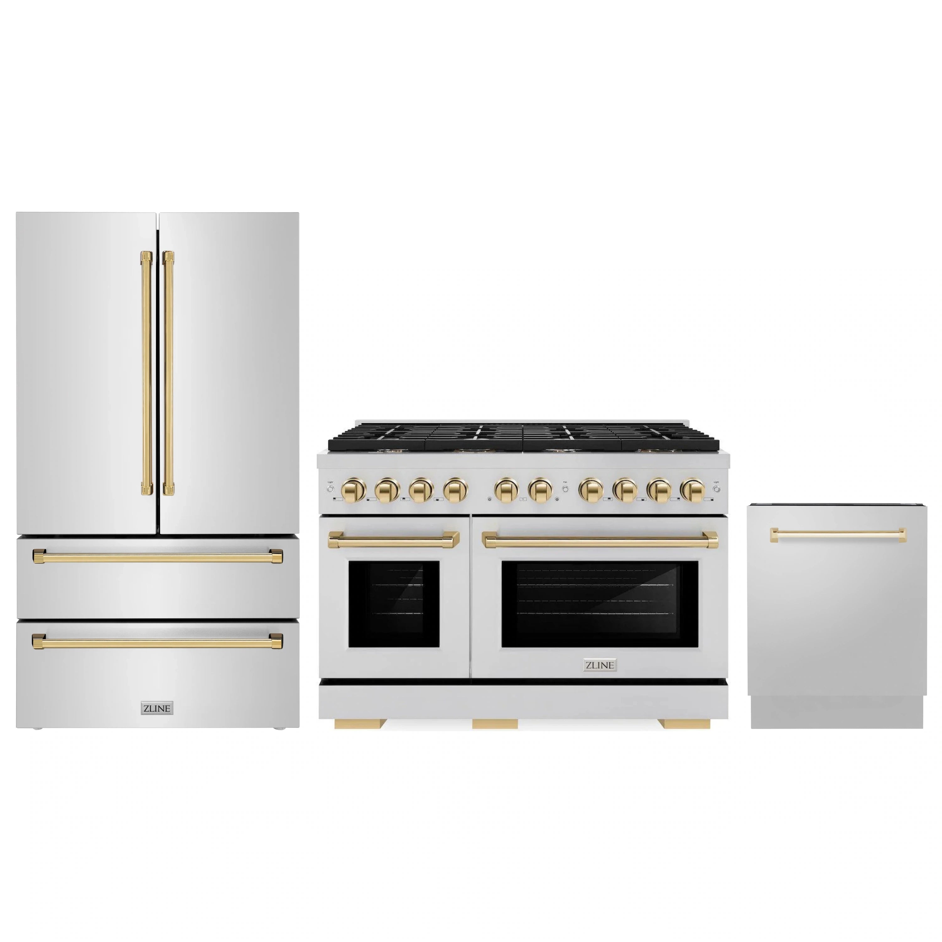 Stainless steel gas range with gold accents, French door refrigerator, and dishwasher