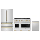 ZLINE 3-Piece Appliance Package - 48-Inch Paramount Autograph Gas Range, 36-Inch French Door Refrigerator, Dishwasher, in Stainless Steel with Gold Accents