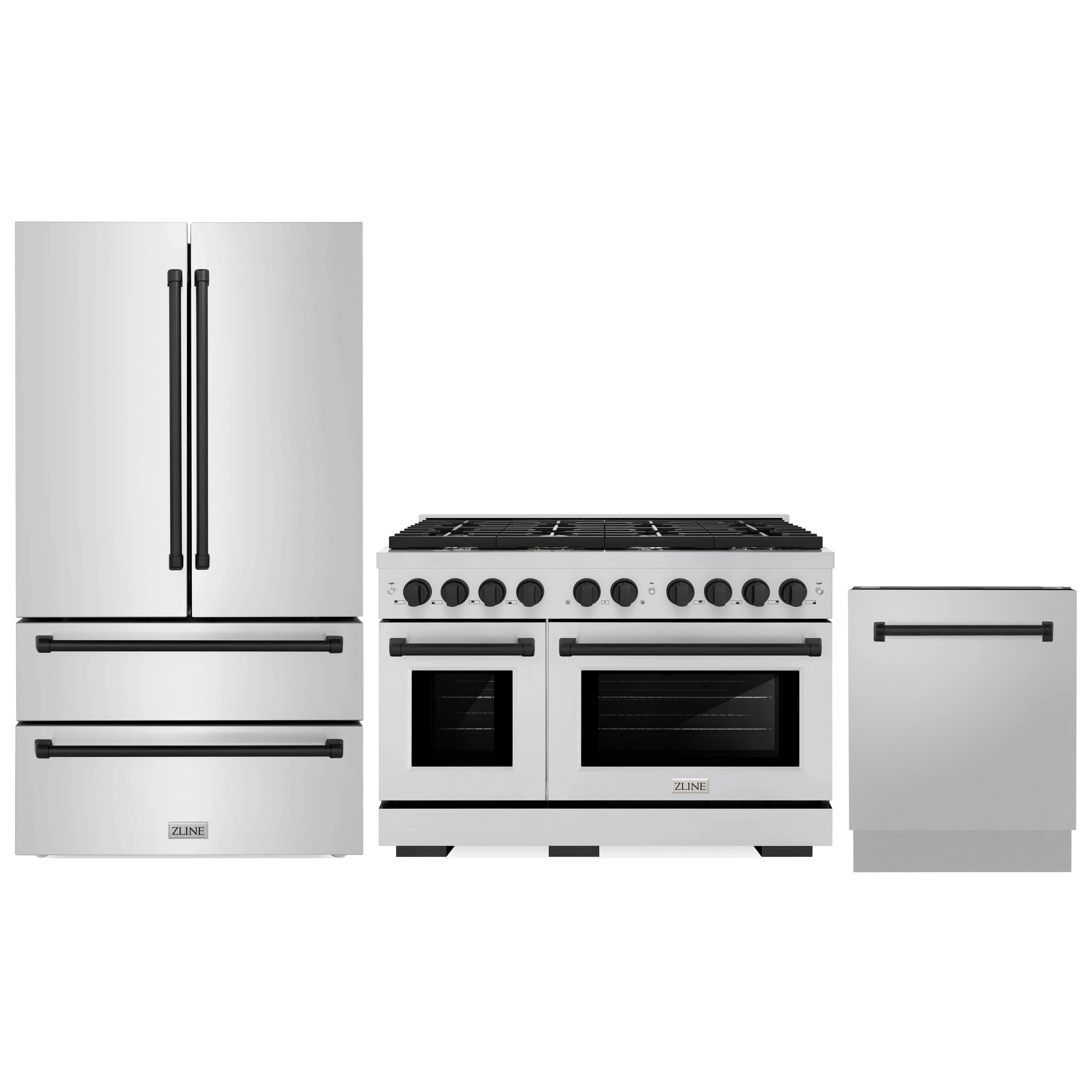 Stainless steel gas range with French door refrigerator and dishwasher in view