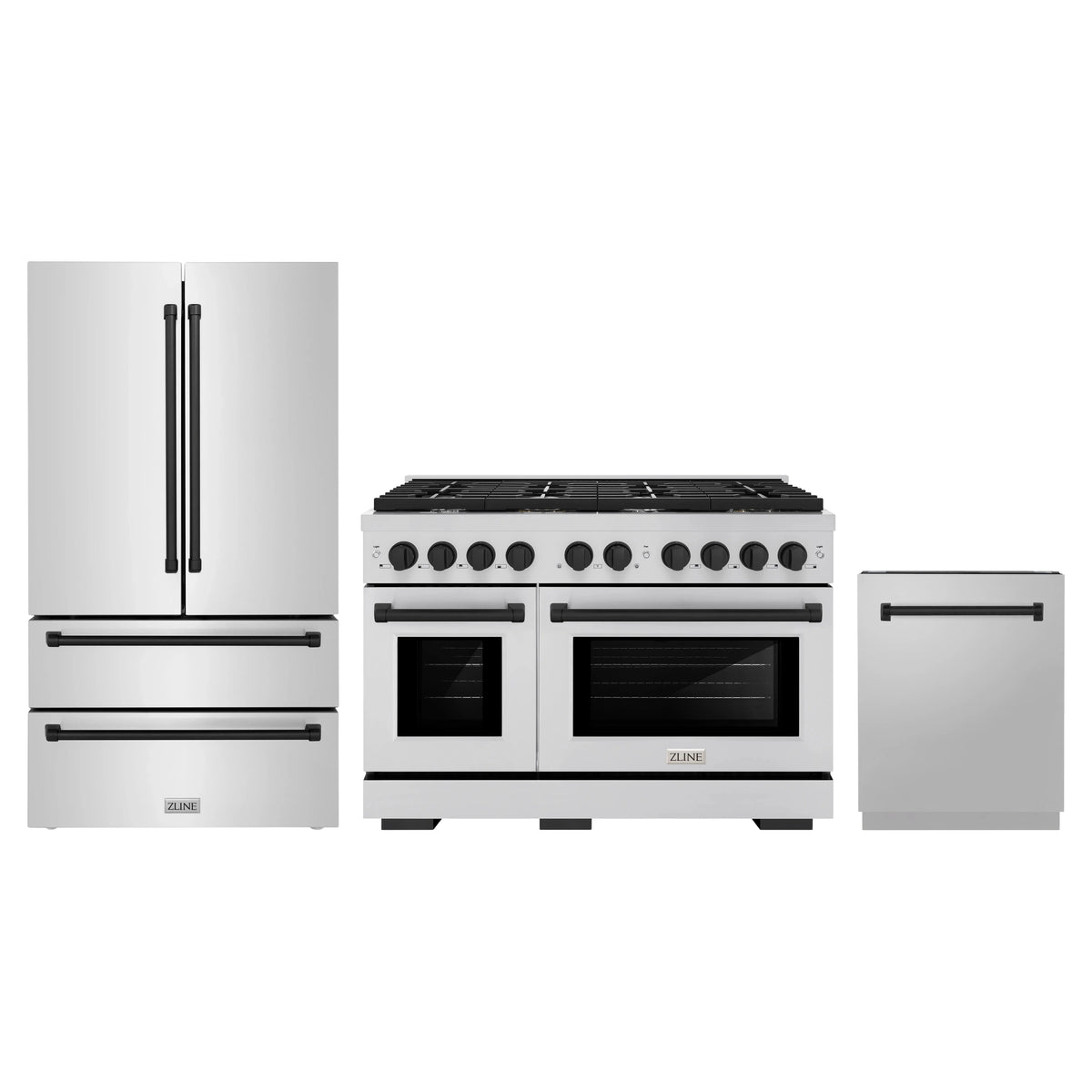 ZLINE 3-Piece Appliance Package - 48-Inch Paramount Autograph Gas Range, 36-Inch French Door Refrigerator, Dishwasher, in Stainless Steel with Matte Black Accents