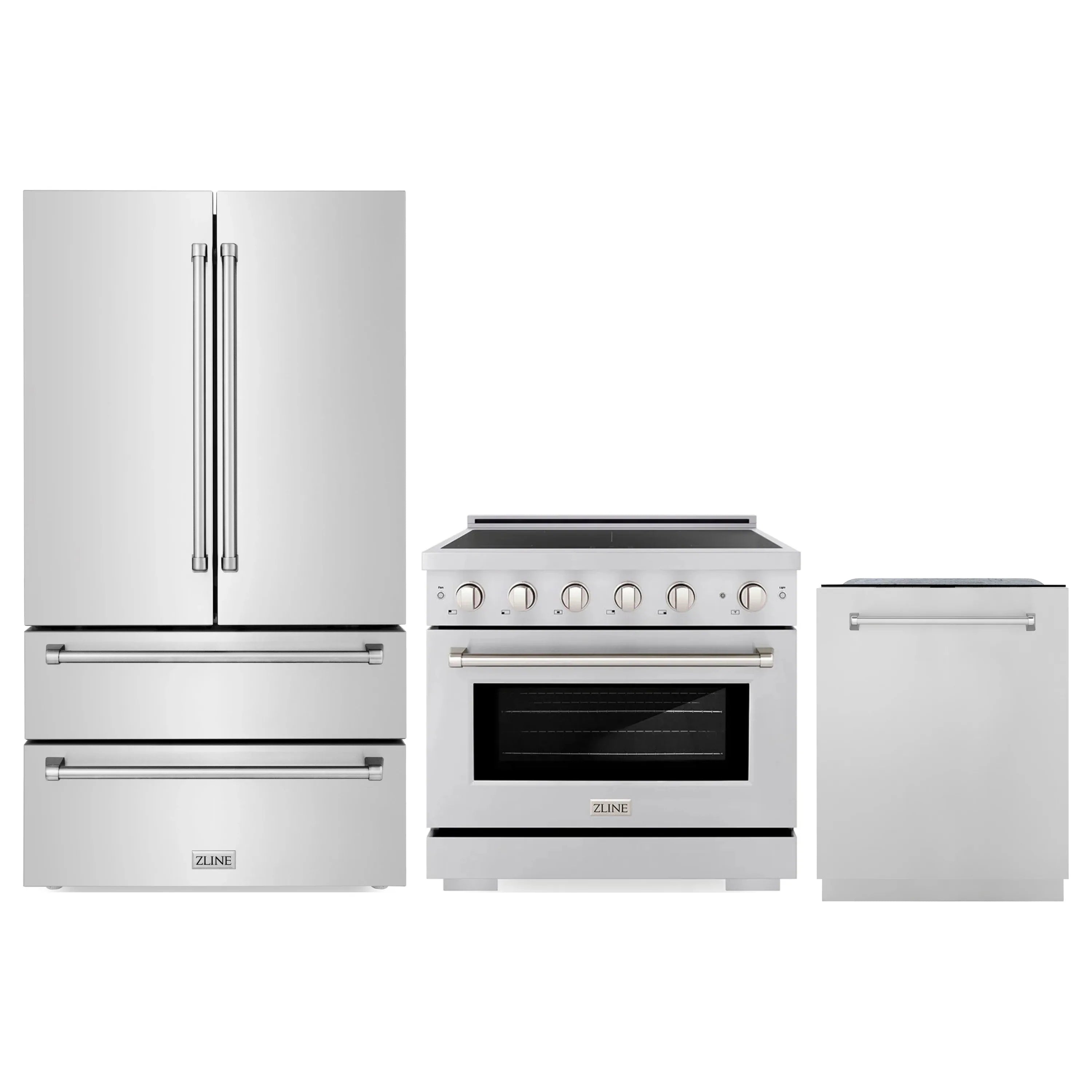 Stainless steel 3-piece kitchen appliance set with refrigerator, range, and dishwasher