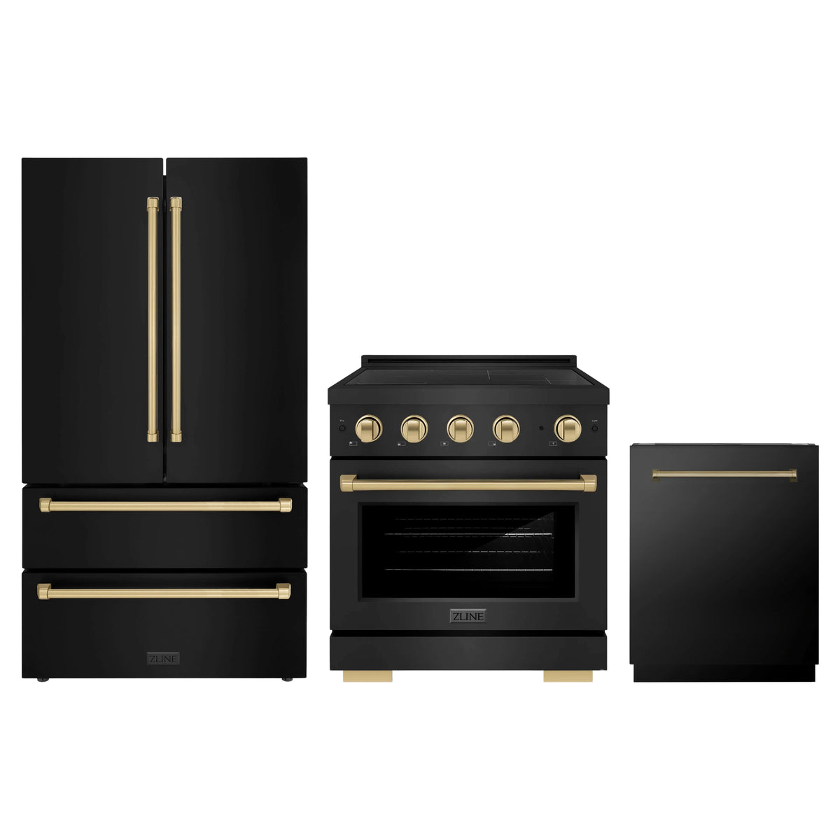 ZLINE 3-Piece Appliance Package - 30-Inch Autograph Edition Induction Range, 36-Inch French Door Refrigerator, and Dishwasher in Black Stainless Steel with Champagne Bronze