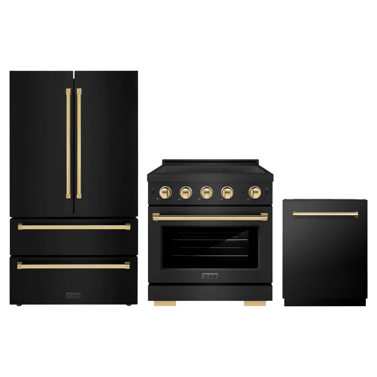 ZLINE 3-Piece Appliance Package - 30-Inch Autograph Edition Induction Range, 36-Inch French Door Refrigerator, and Dishwasher in Black Stainless Steel with Gold Trim