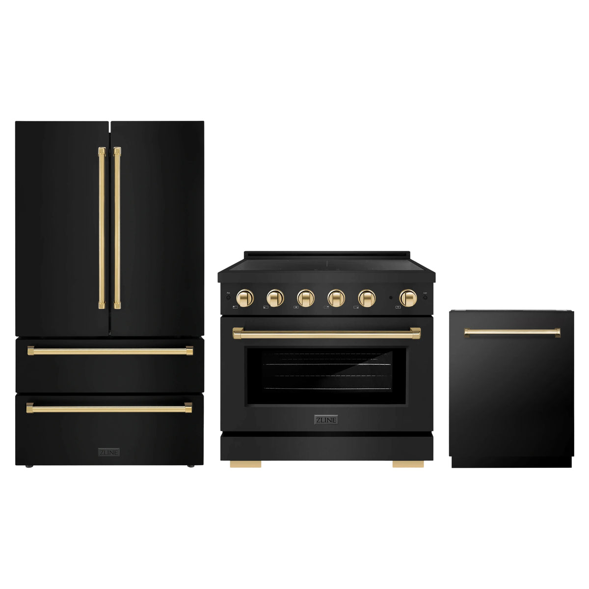 ZLINE 3-Piece Appliance Package - 36-Inch Autograph Edition Induction Range, 36-Inch French Door Refrigerator, and Dishwasher in Black Stainless Steel with Gold Trim