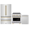 ZLINE 3-Piece Appliance Package - 30-Inch Autograph Edition Induction Range, 36-Inch French Door Refrigerator, and Dishwasher in Stainless Steel with Champagne Bronze