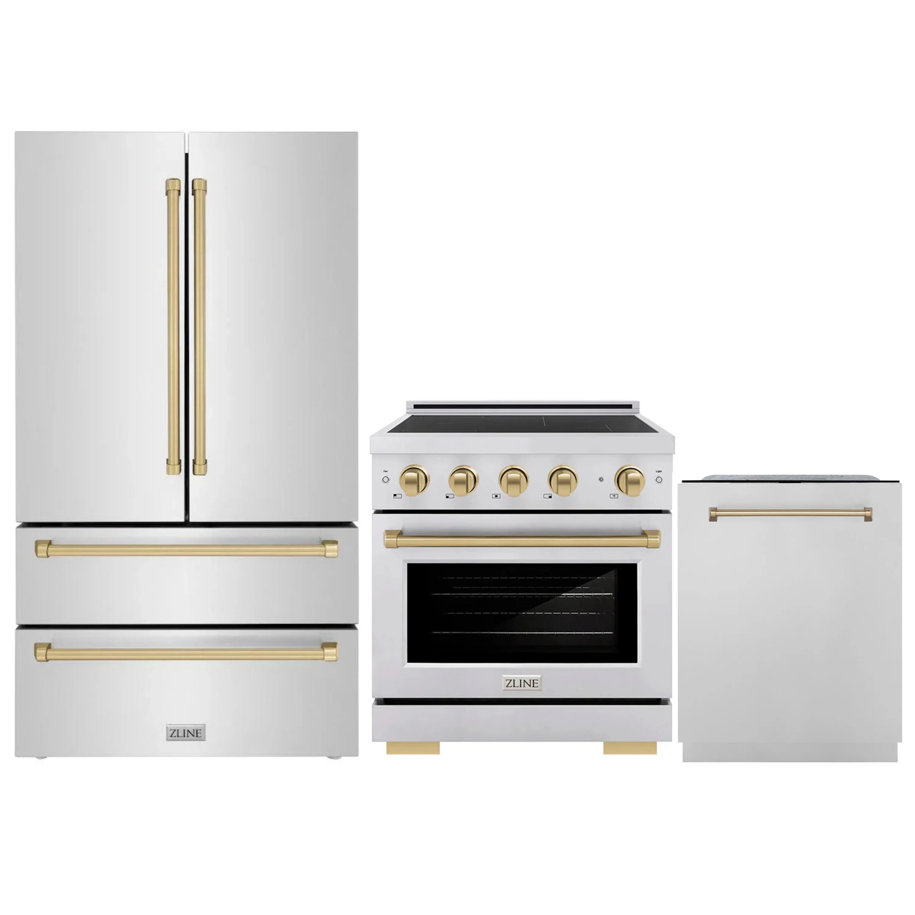 3-piece stainless appliance package with French door refrigerator, range, and dishwasher