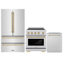 ZLINE 3-Piece Appliance Package - 30-Inch Autograph Edition Induction Range, 36-Inch French Door Refrigerator, and Dishwasher in Stainless Steel with Champagne Bronze
